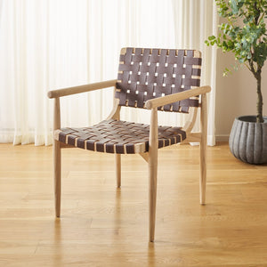 Dionne Accent Chair - Chic Curved Design with Comfortable Leather Strips and Sculpted Wooden Frame