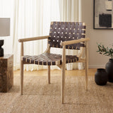 Dionne Accent Chair - Chic Curved Design with Comfortable Leather Strips and Sculpted Wooden Frame