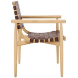 Dionne Accent Chair - Chic Curved Design with Comfortable Leather Strips and Sculpted Wooden Frame