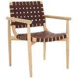 Dionne Accent Chair - Chic Curved Design with Comfortable Leather Strips and Sculpted Wooden Frame