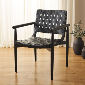 Safavieh Dionne Accent Chair - Modern Woven Leather Comfort With Sculpted Wood Frame For Stylish Living Spaces Black ACH1201D