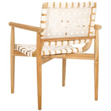 Dionne Accent Chair - Chic Curved Design with Comfortable Leather Strips and Sculpted Wooden Frame