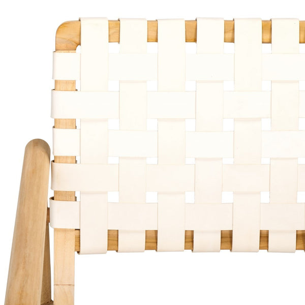 Dionne Accent Chair - Chic Curved Design with Comfortable Leather Strips and Sculpted Wooden Frame