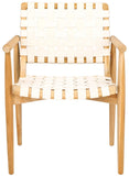 Dionne Accent Chair - Chic Curved Design with Comfortable Leather Strips and Sculpted Wooden Frame