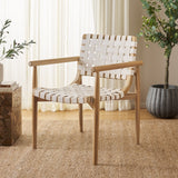 Dionne Accent Chair - Chic Curved Design with Comfortable Leather Strips and Sculpted Wooden Frame