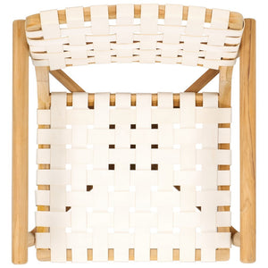 Dionne Accent Chair - Chic Curved Design with Comfortable Leather Strips and Sculpted Wooden Frame