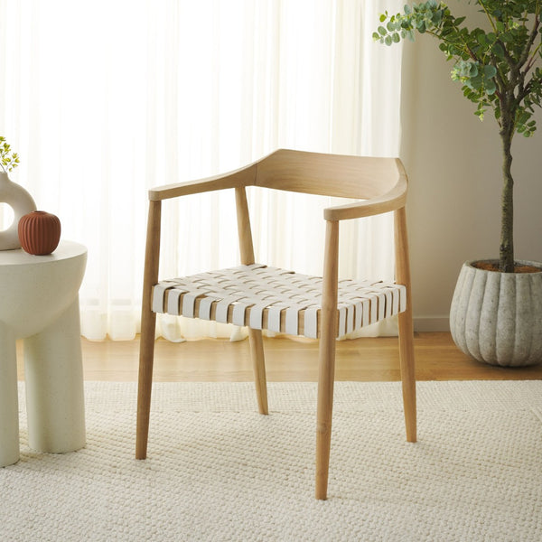 Safavieh Amycus Accent Chair – Mid-Century Modern Elegance With Intricate White Leather And Teak Frame Design Natural/White ACH1202A