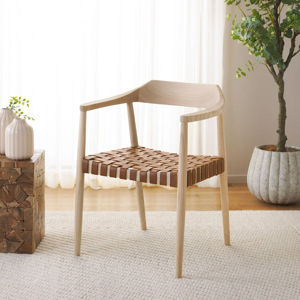 Safavieh Amycus Accent Chair – Mid-Century Modern Elegance With Intricate White Leather And Teak Frame Design Natural / Light Honey ACH1202E