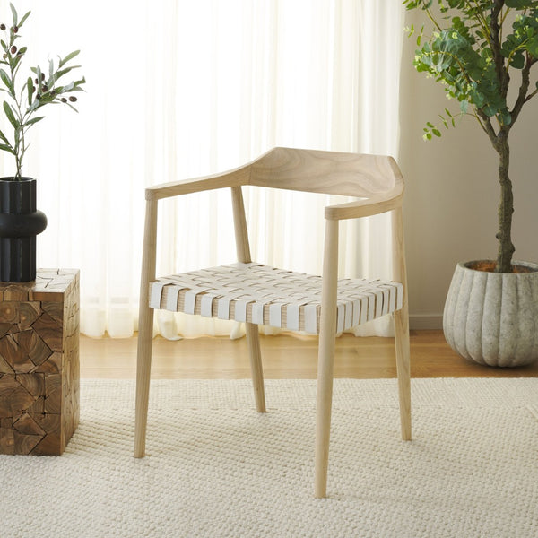 Safavieh Amycus Accent Chair – Mid-Century Modern Elegance With Intricate White Leather And Teak Frame Design Natural / White ACH1202F