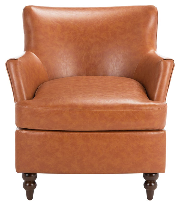 Safavieh Levin Accent Chair - Classic-Contemporary Elegance With Vegan Leather And Timeless Walnut Bun Feet Cognac ACH4008A