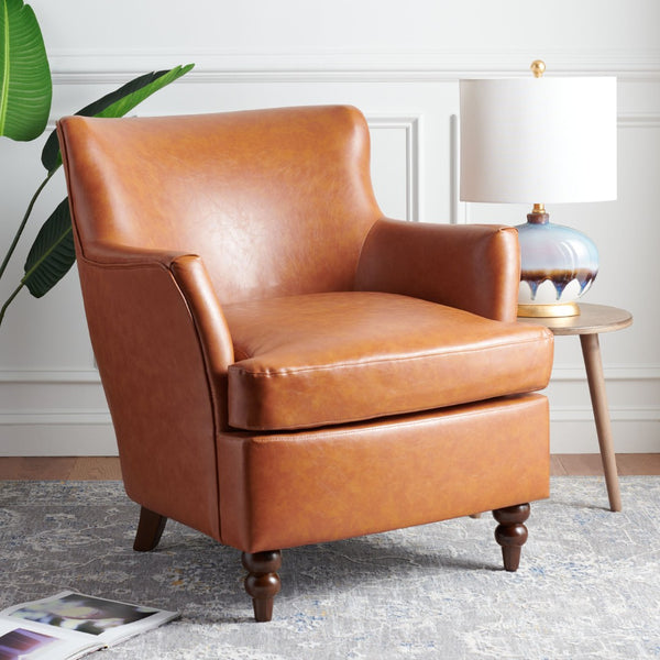 Safavieh Levin Accent Chair - Classic-Contemporary Elegance With Vegan Leather And Timeless Walnut Bun Feet Cognac ACH4008A