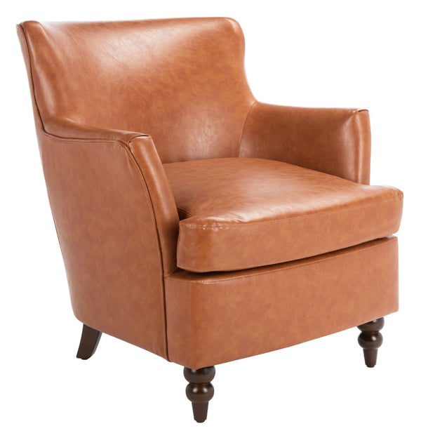 Safavieh Levin Accent Chair - Classic-Contemporary Elegance With Vegan Leather And Timeless Walnut Bun Feet Cognac ACH4008A