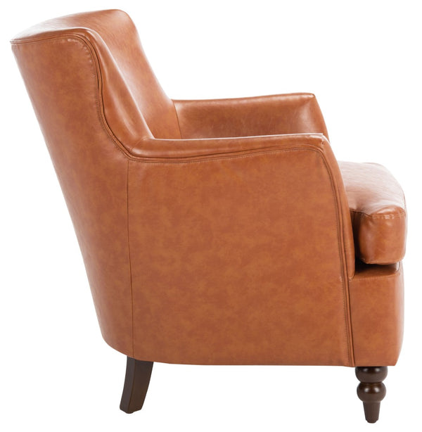 Safavieh Levin Accent Chair - Classic-Contemporary Elegance With Vegan Leather And Timeless Walnut Bun Feet Cognac ACH4008A