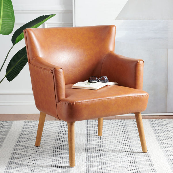 Safavieh Delfino Accent Chair - Mid-Century Modern Wingback Design With Vegan Leather And Tapered Legs Cognac ACH4009A