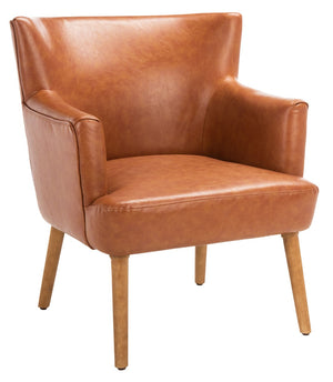 Safavieh Delfino Accent Chair - Mid-Century Modern Wingback Design With Vegan Leather And Tapered Legs Cognac ACH4009A