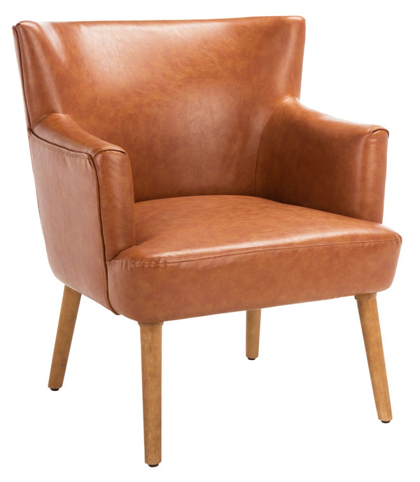 Safavieh Delfino Accent Chair - Mid-Century Modern Wingback Design With Vegan Leather And Tapered Legs Cognac ACH4009A