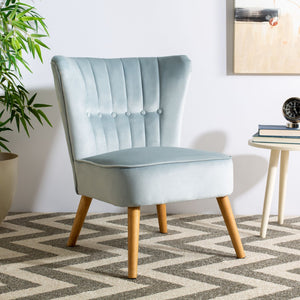 Safavieh June Mid-Century Accent Chair - Elegant Velvet Upholstery & Sturdy Rubberwood For Timeless Style Slate Blue/Natural ACH4500A