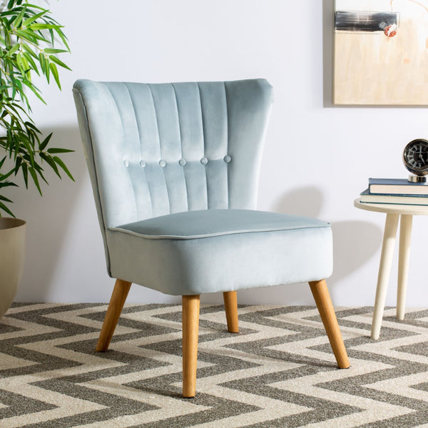 Safavieh June Mid-Century Accent Chair - Elegant Velvet Upholstery & Sturdy Rubberwood For Timeless Style Slate Blue/Natural ACH4500A