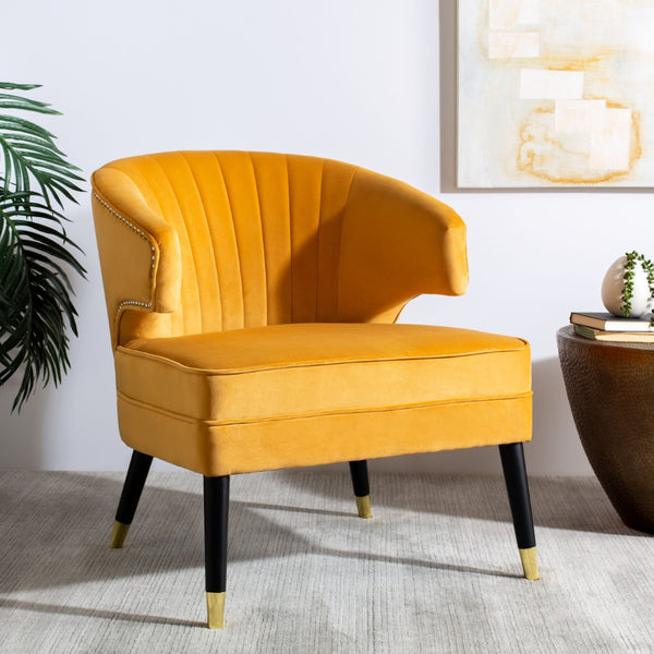 Safavieh Stazia Wingback Accent Chair - Vintage-Inspired Velvet With Chic Channel Tufting And Gold Legs Marigold/Black ACH4502A