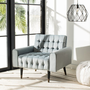 Safavieh Amaris Tufted Accent Chair - Mid-Century Elegance With Plush Velvet Upholstery & Brass Accents Slate Blue/Black ACH4503A