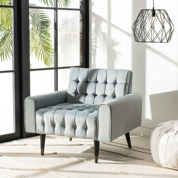 Safavieh Amaris Tufted Accent Chair - Mid-Century Elegance With Plush Velvet Upholstery & Brass Accents Slate Blue/Black ACH4503A