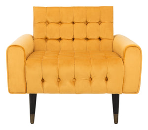 Safavieh Amaris Tufted Accent Chair - Mid-Century Elegance With Plush Velvet Upholstery & Brass Accents Marigold/Black ACH4503B