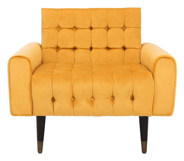 Safavieh Amaris Tufted Accent Chair - Mid-Century Elegance With Plush Velvet Upholstery & Brass Accents Marigold/Black ACH4503B