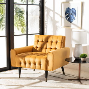 Safavieh Amaris Tufted Accent Chair - Mid-Century Elegance With Plush Velvet Upholstery & Brass Accents Marigold/Black ACH4503B