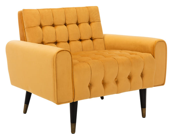Safavieh Amaris Tufted Accent Chair - Mid-Century Elegance With Plush Velvet Upholstery & Brass Accents Marigold/Black ACH4503B