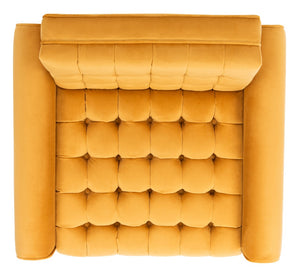 Safavieh Amaris Tufted Accent Chair - Mid-Century Elegance With Plush Velvet Upholstery & Brass Accents Marigold/Black ACH4503B