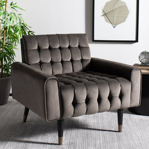 Safavieh Amaris Tufted Accent Chair - Mid-Century Elegance With Plush Velvet Upholstery & Brass Accents Shale/Black ACH4503C