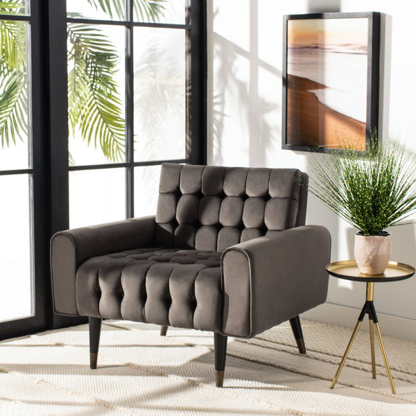 Safavieh Amaris Tufted Accent Chair - Mid-Century Elegance With Plush Velvet Upholstery & Brass Accents Shale/Black ACH4503C