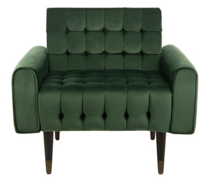 Safavieh Amaris Tufted Accent Chair - Mid-Century Elegance With Plush Velvet Upholstery & Brass Accents Forest Green/Black ACH4503D