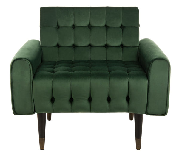 Safavieh Amaris Tufted Accent Chair - Mid-Century Elegance With Plush Velvet Upholstery & Brass Accents Forest Green/Black ACH4503D