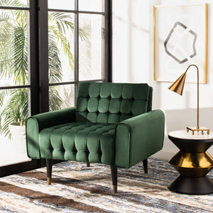 Safavieh Amaris Tufted Accent Chair - Mid-Century Elegance With Plush Velvet Upholstery & Brass Accents Forest Green/Black ACH4503D
