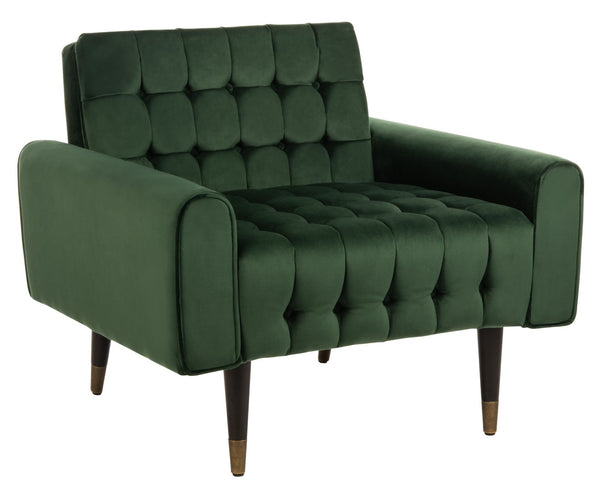 Safavieh Amaris Tufted Accent Chair - Mid-Century Elegance With Plush Velvet Upholstery & Brass Accents Forest Green/Black ACH4503D