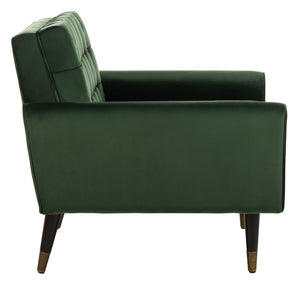 Safavieh Amaris Tufted Accent Chair - Mid-Century Elegance With Plush Velvet Upholstery & Brass Accents Forest Green/Black ACH4503D