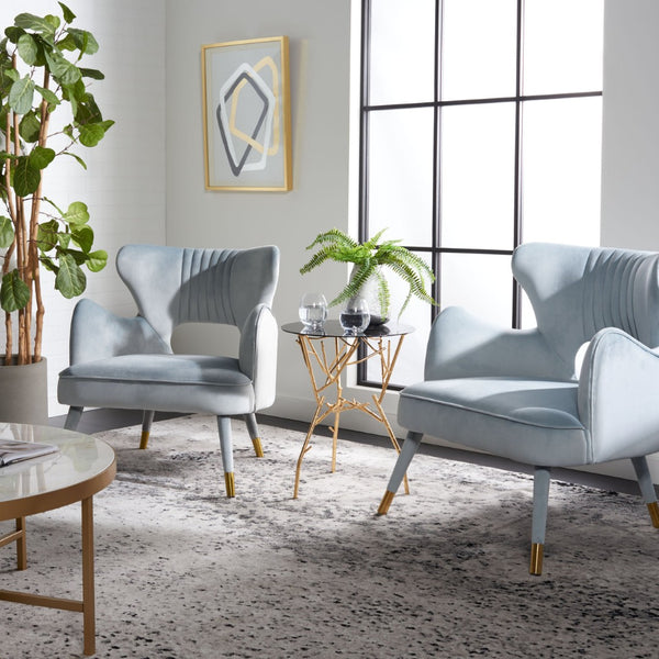 Safavieh Blair Wingback Accent Chair - Luxe Velvet Upholstery With Channel Tufting, Gold-Capped Legs & Style Slate Blue/Gold ACH4504C