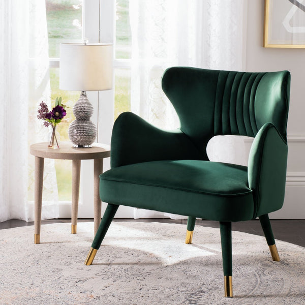 Safavieh Blair Wingback Accent Chair - Luxe Velvet Upholstery With Channel Tufting, Gold-Capped Legs & Style Forest Green/Gold ACH4504D