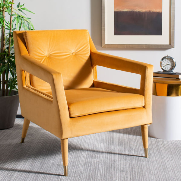 Safavieh Mara Tufted Accent Chair - Mid-Century Modern Design With Plush Velvet Upholstery & Gold Accents Marigold/Gold ACH4505B