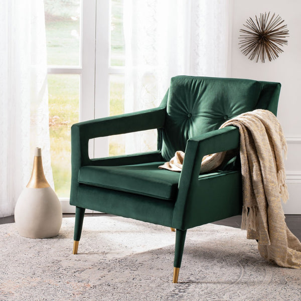 Safavieh Mara Tufted Accent Chair - Mid-Century Modern Design With Plush Velvet Upholstery & Gold Accents Forest Green/Gold ACH4505E