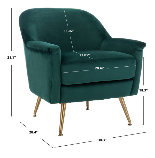 Safavieh Brienne Mid Century Arm Chair - Luxurious Velvet Accent With Elegant Brass Legs For Cozy Living Spaces Emerald Velvet/Brass ACH4506B