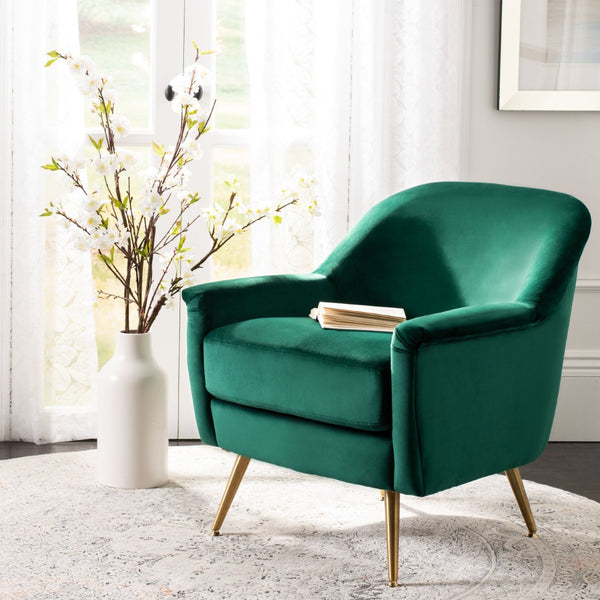 Safavieh Brienne Mid Century Arm Chair - Luxurious Velvet Accent With Elegant Brass Legs For Cozy Living Spaces Emerald Velvet/Brass ACH4506B