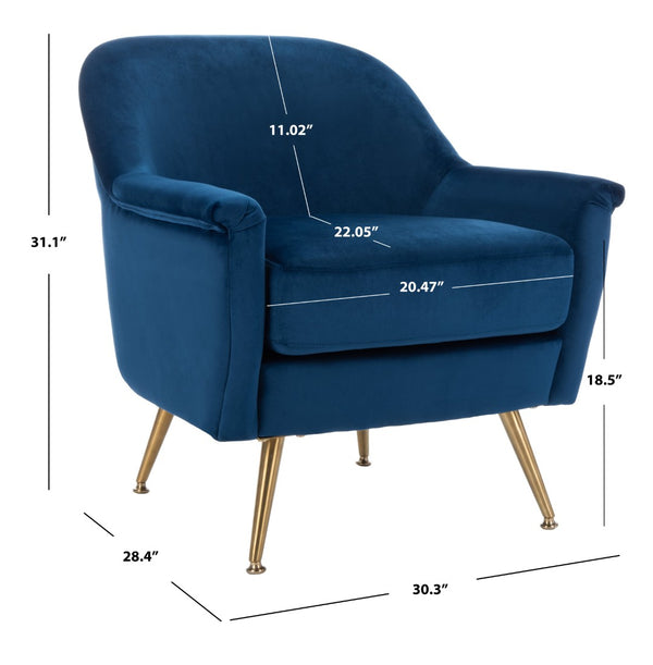 Safavieh Brienne Mid Century Arm Chair - Luxurious Velvet Accent With Elegant Brass Legs For Cozy Living Spaces Navy Velvet/Brass ACH4506C