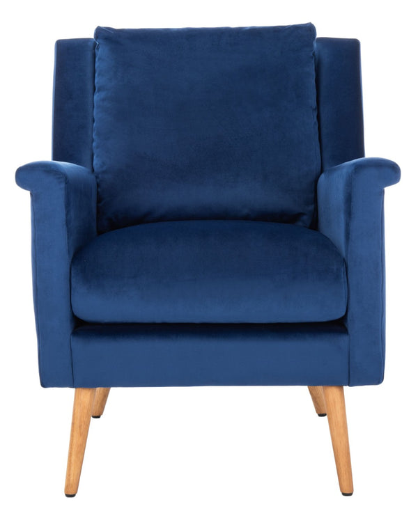 Safavieh Astrid Mid-Century Arm Chair: Luxurious Velvet Upholstery With Solid Oak Legs For Timeless Elegance Navy Velvet/Natural ACH4507A