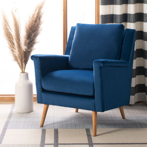 Safavieh Astrid Mid-Century Arm Chair: Luxurious Velvet Upholstery With Solid Oak Legs For Timeless Elegance Navy Velvet/Natural ACH4507A