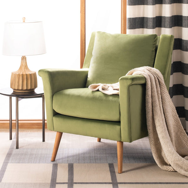 Safavieh Astrid Mid-Century Arm Chair: Luxurious Velvet Upholstery With Solid Oak Legs For Timeless Elegance Olive Velvet/Natural ACH4507B