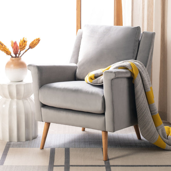 Safavieh Astrid Mid-Century Arm Chair: Luxurious Velvet Upholstery With Solid Oak Legs For Timeless Elegance Stone Velvet/Natural ACH4507C