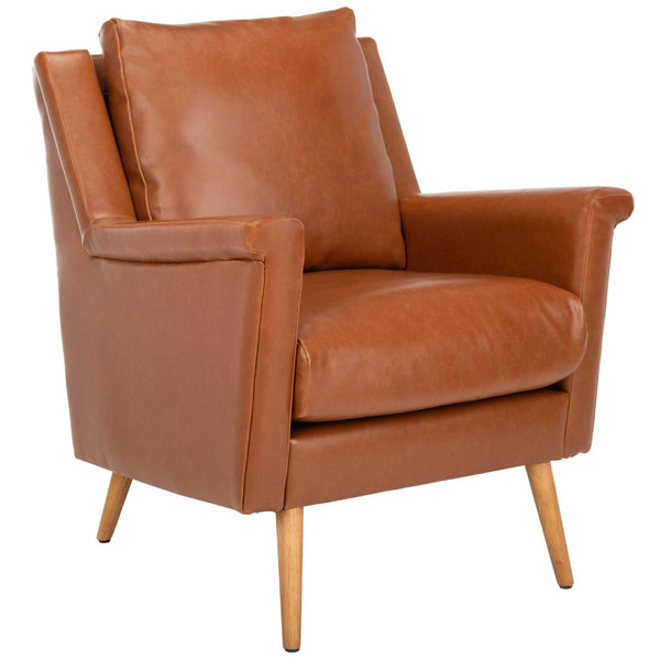 Safavieh Astrid Mid-Century Arm Chair: Luxurious Velvet Upholstery With Solid Oak Legs For Timeless Elegance Cognac Pu/Natural ACH4507D