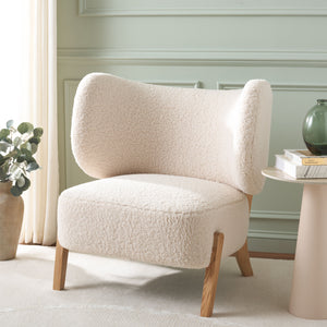 Safavieh Jakoda Accent Chair - Luxurious Off-white Shearling, Mid-century Design For Elegant Spaces Off White ,Natural Wood,Fabric,Foam Ach4525a